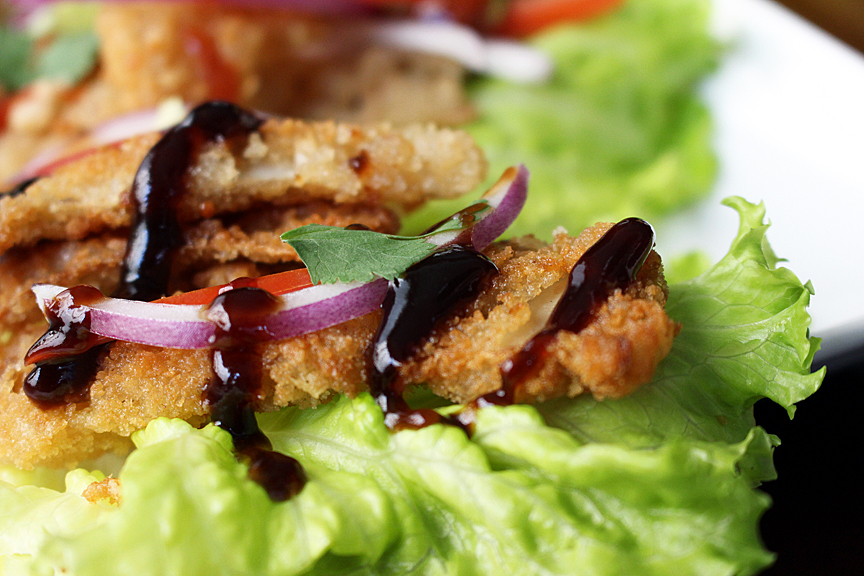 vegan calamari in lettuce wraps